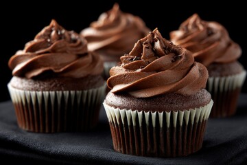 Four chocolate cupcakes with dark chocolate frosting  sprinkles on a dark cloth against a black background