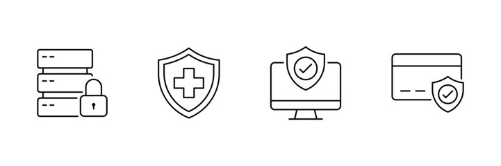Secure data, healthcare protection, computer safety, payment security, shield defense, technology safeguard, finance protection, digital safety, cyber protection icon vector illustration.