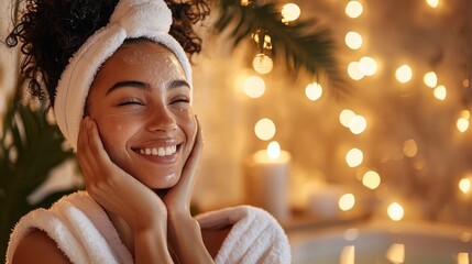 A woman with curly hair wearing a white headband, smiling and holding her face with her hands, in a warm, cozy setting with Christmas lights and a bath tub.