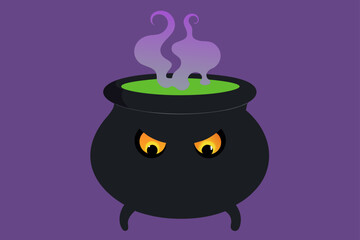 Spooky halloween witchs cauldron with glowing eyes and purple smoke