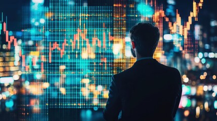 A man in a suit looking at a city skyline with a stock market graph overlay.