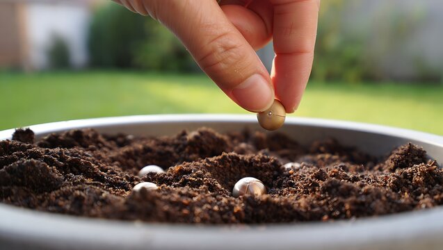 Hand planting seeds in soil for gardening