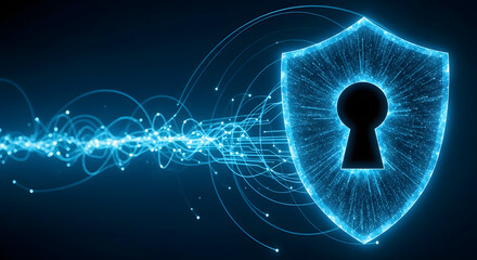 A glowing blue security shield with keyhole surrounded by digital energy waves. Concept of active firewall defense, dynamic protection, and cyber safety.