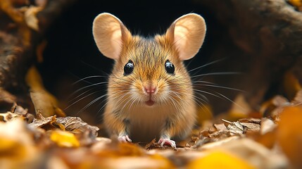 Curious mouse in autumn leaves