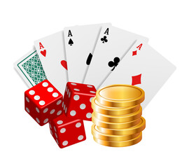 Cards, gold coins and dice. Vector 3d illustration isolated on white background