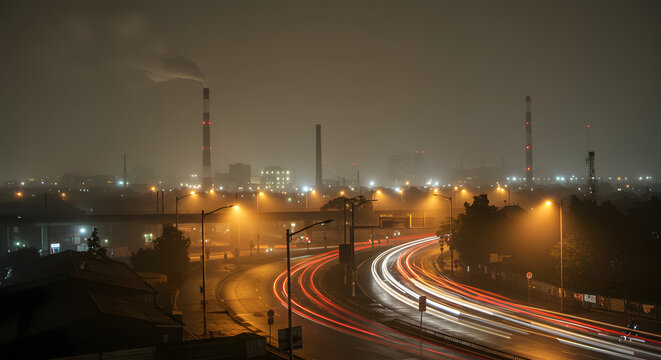 Illuminated city highway at night with traffic light streaks and industrial smokestacks contributing to air pollution and smog.