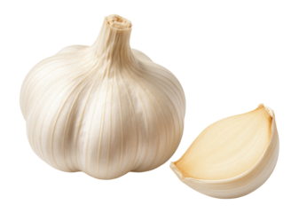 Top view of garlic bulb and slice on.