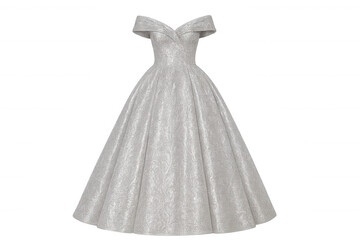 Long silver prom dress with off-the-shoulder sleeves, isolated on transparent background, perfect for fashion and event projects