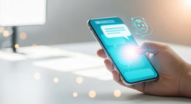 Hand holding smartphone with chat bot bubble on screen for communication and assistance online