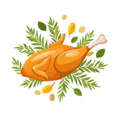 Roasted poultry centerpiece served on fresh green herb and garnish platter for traditional feast celebration