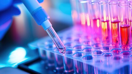 A scientist in a laboratory setting, using a pipette to transfer a liquid from one test tube to another.