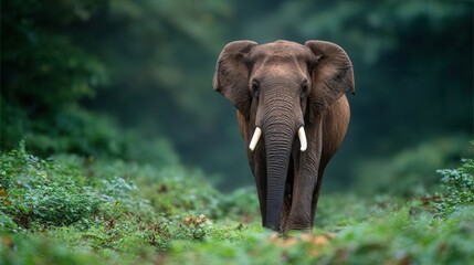 Fototapeta premium A majestic elephant walking through a dense green forest, showcasing its natural habitat. The scene evokes a sense of tranquility and wildlife beauty.
