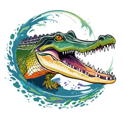 Alligator in Water Graphic, Crocodilian Creature with Open Mouth and Circle of Water