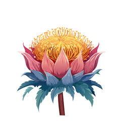 Obraz premium Exotic Flower Bloom Isolated Vector Art Illustration Golden Yellow Center Pink Petals Blue Green Leaves