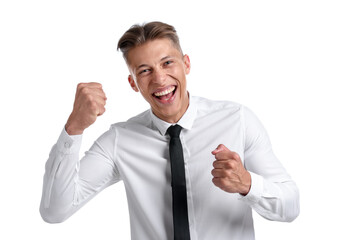 Strength. Happy businessman showing muscles on white background