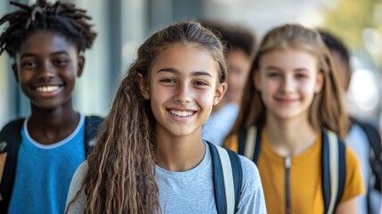 A diverse group of students standing in a hallway, smiling and looking at the camera.