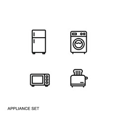 Appliance set including refrigerator, washing machine, microwave, toaster  