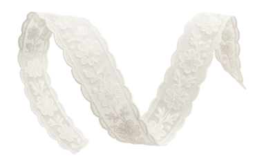 White lace ribbon with floral pattern creating an elegant decorative border.