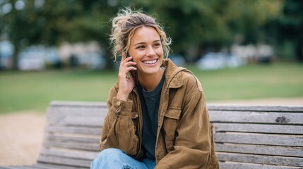Fototapeta premium A young woman with curly hair sits on a bench in a park, smiling while talking on her smartphone. The scene conveys a relaxed and cheerful mood.