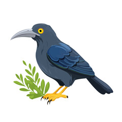 Stylized Grackle Bird Illustration with Olive Branch on Black Background