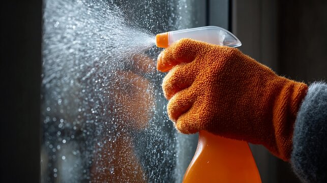 Hand sprays cleaning agent onto window surface