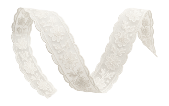 White lace ribbon with floral pattern creating an elegant decorative border. - Powered by Adobe
