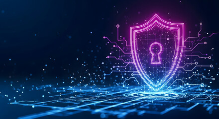 Glowing pink and purple shield icon over a digital landscape. Futuristic cybersecurity and internet data protection technology concept with network elements.