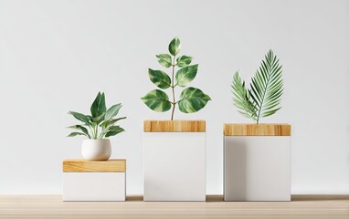 Obraz premium Three potted plants with variegated leaves, on minimalist white and wood cube displays, against a white background