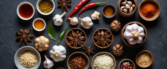 Top-down view of Asian cooking ingredients placed organically on a gray stone surface.