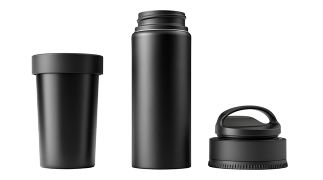Three black plastic containers with caps isolated on transparent background