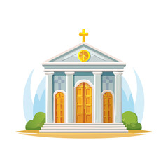 Cartoon Church Building with Cross, Columns, and Doors