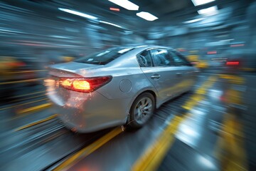 Vehicle mid-collision in controlled safety test surrounded by high-speed monitoring equipment