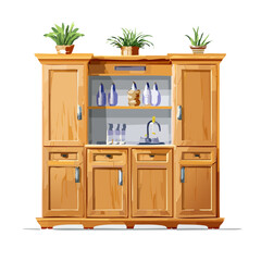 Wooden cabinet with shelves bottles and greenery simple illustration design