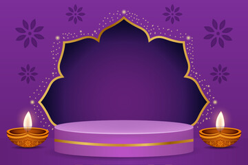 Festive purple stage for Diwali with traditional Indian oil lamps dhya, golden ornamental backdrop, glowing lights and round podium for product presentation or greetings.