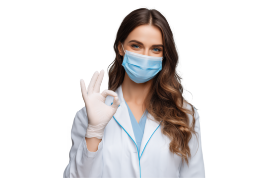 Female doctor wearing medical mask and gloves making okay sign isolated on transparent and white background. Concept for pandemic prevention, healthcare promotion and medical consultation - Powered by Adobe