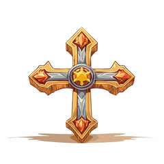 Cartoon style golden cross with gems isolated on black background design element for game or fantasy artwork