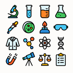 Science icons present research experiments tools display laboratory