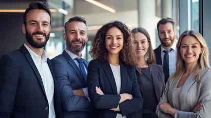 A diverse group of business professionals standing in a modern office setting.