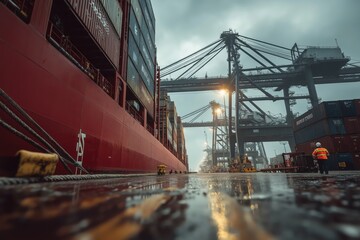 American cargo ship stalled at port with stacked containers under moody industrial sky
