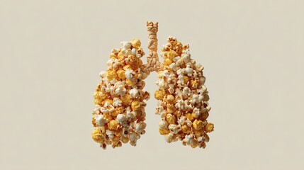 Creative concept of human lungs made from popcorn on neutral background, artistic health and food design with high detail texture and realistic lighting
