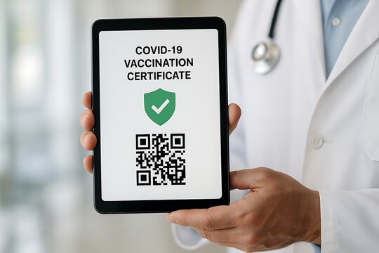 Doctor displays digital covid 19 vaccination certificate on tablet with qr code