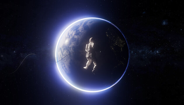 3D astronaut floating in space above glowing Earth