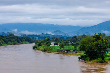 A close-up view of the natural atmosphere surrounded by mountains, grasslands and mist from the cold, humid air. The joy of traveling and experiencing nature.