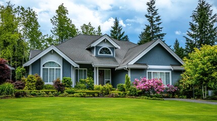 A two-story house with a green roof and a large lawn in front.