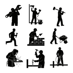 Obraz premium Handyman and Builder Activities Icon Collection. Welding, Painting, Drilling, and Building.