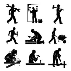 Obraz premium Handyman and Builder Activities Icon Collection. Welding, Painting, Drilling, and Building.