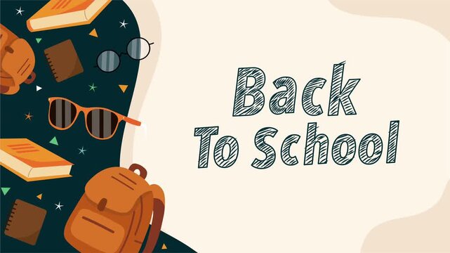 Animated classroom items and text on warm background for school return