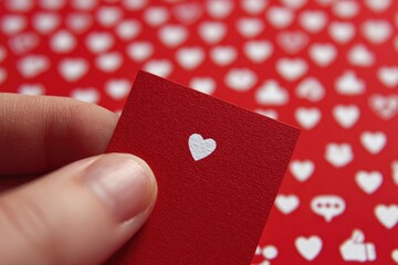 A hand holds a small, red card with a white heart design, amidst a background of many social media icons