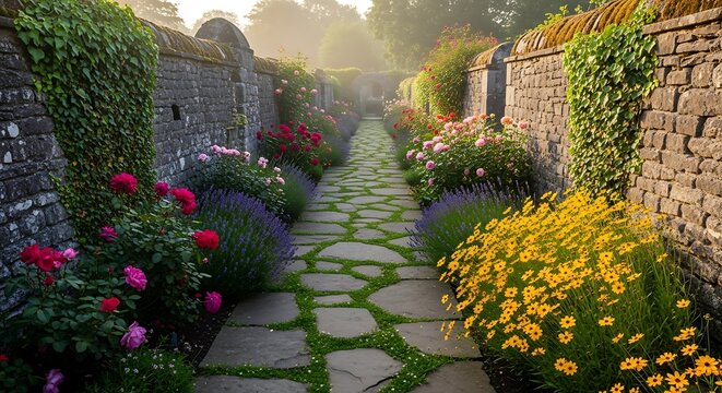 A tranquil garden pathway flanked by blooming flowers and aged stone walls offering a serene escape