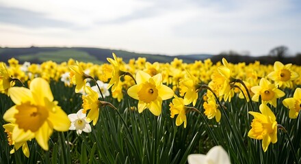Obraz premium A vibrant field of blooming daffodils under a soft sky beckons springtime feelings